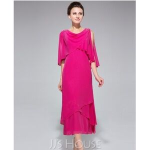JJ’s House A-line Princess Cowl Neck Tea-Length Chiffon Dress in Fuchsia